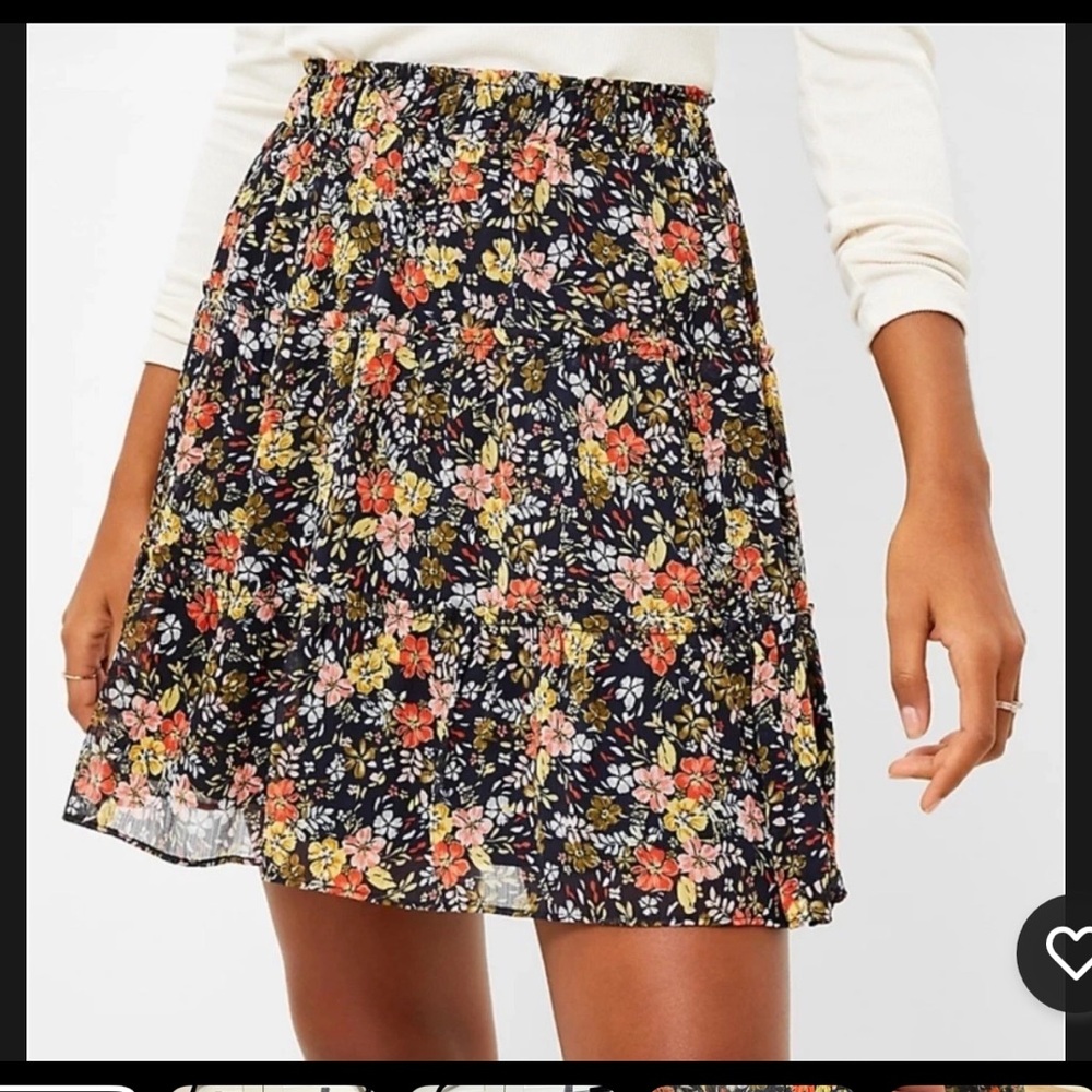 LOFT Black Floral Tiered Skater Skirt with Pink & Yellow Blooms